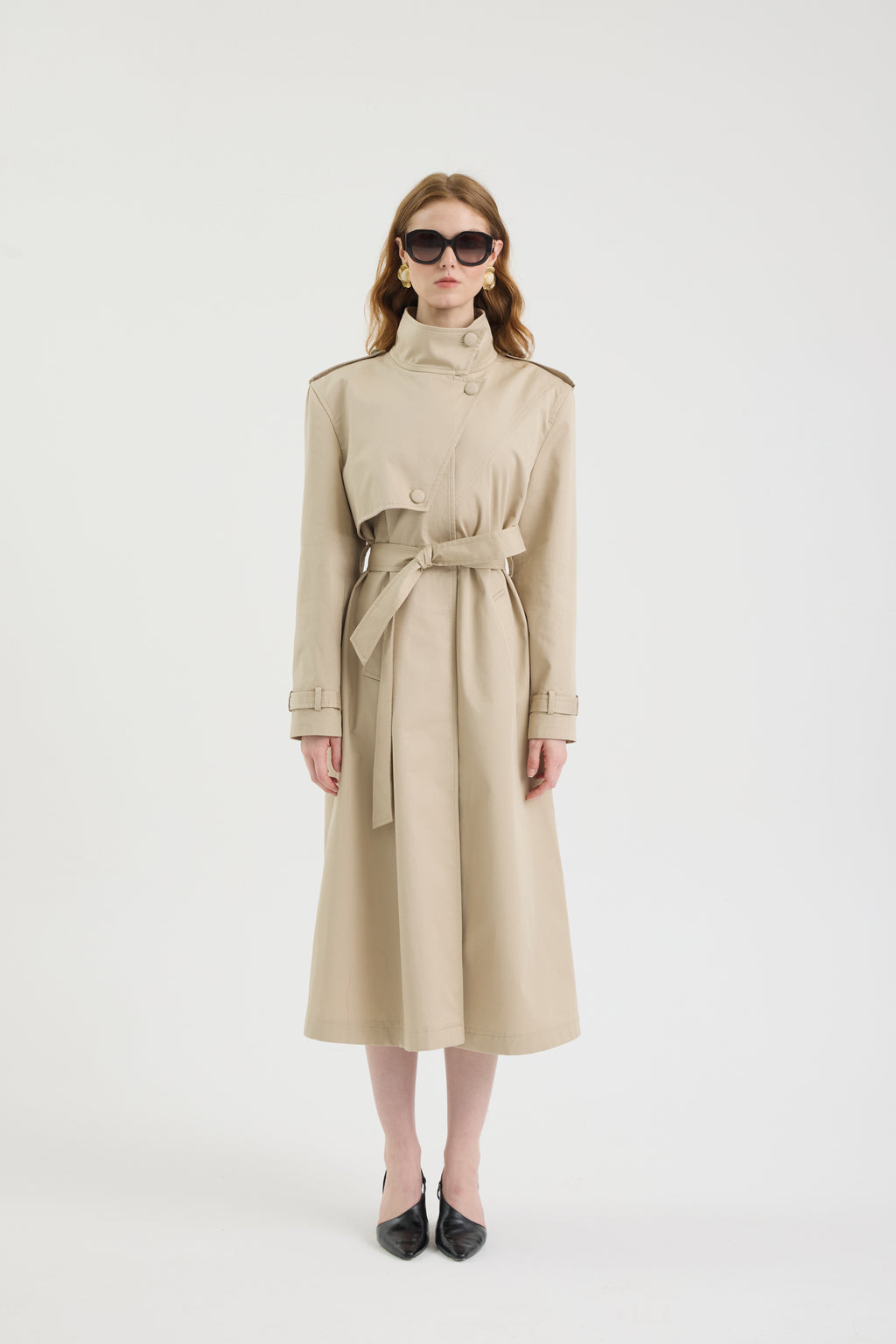 SCHATZİE BELTED STRUCTURED MIDI TRENCH COAT WİTH MILITARY-INSPIRED DETAILS
