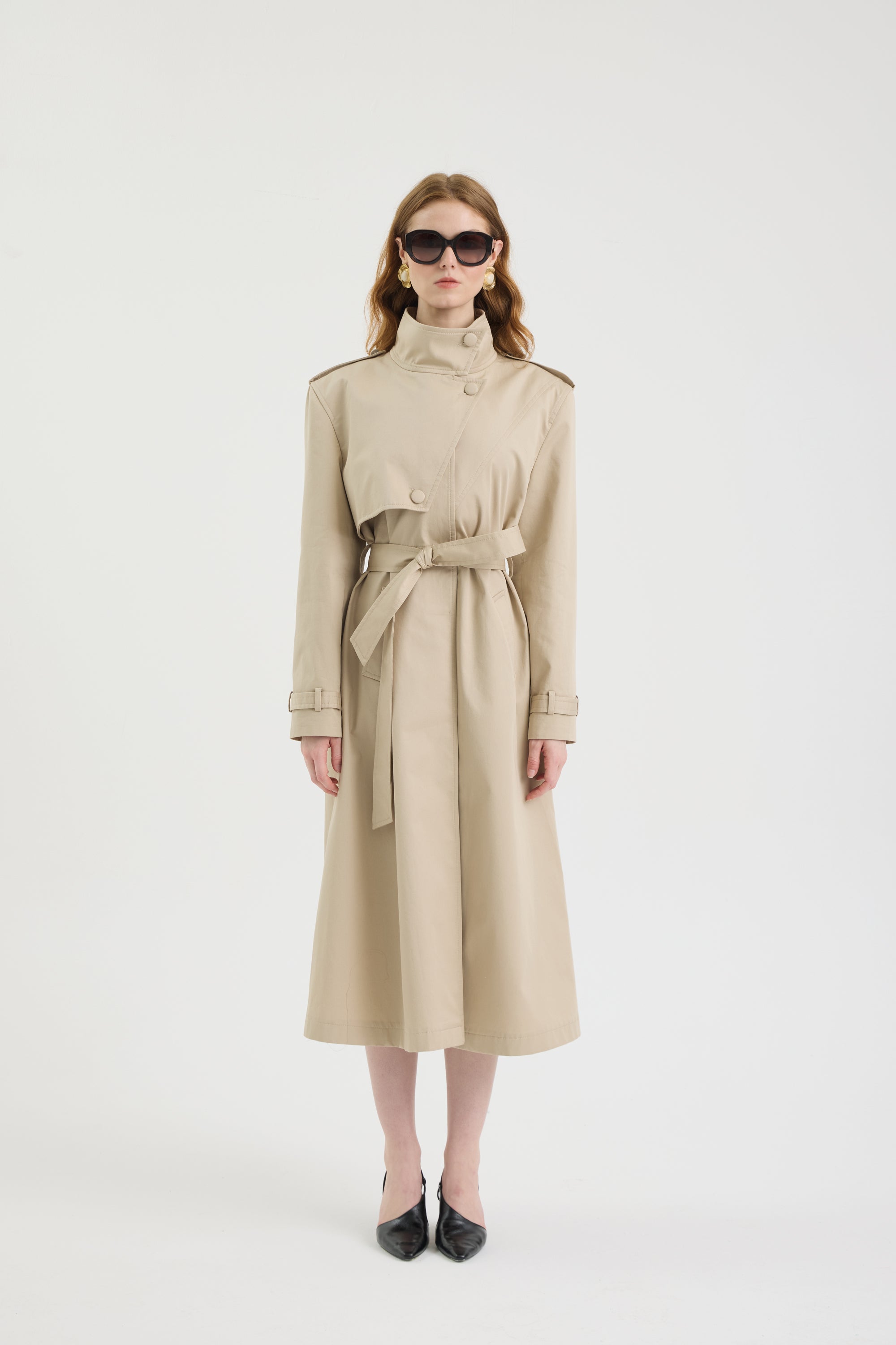 SCHATZİE BELTED STRUCTURED MIDI TRENCH COAT WİTH MILITARY-INSPIRED DETAILS