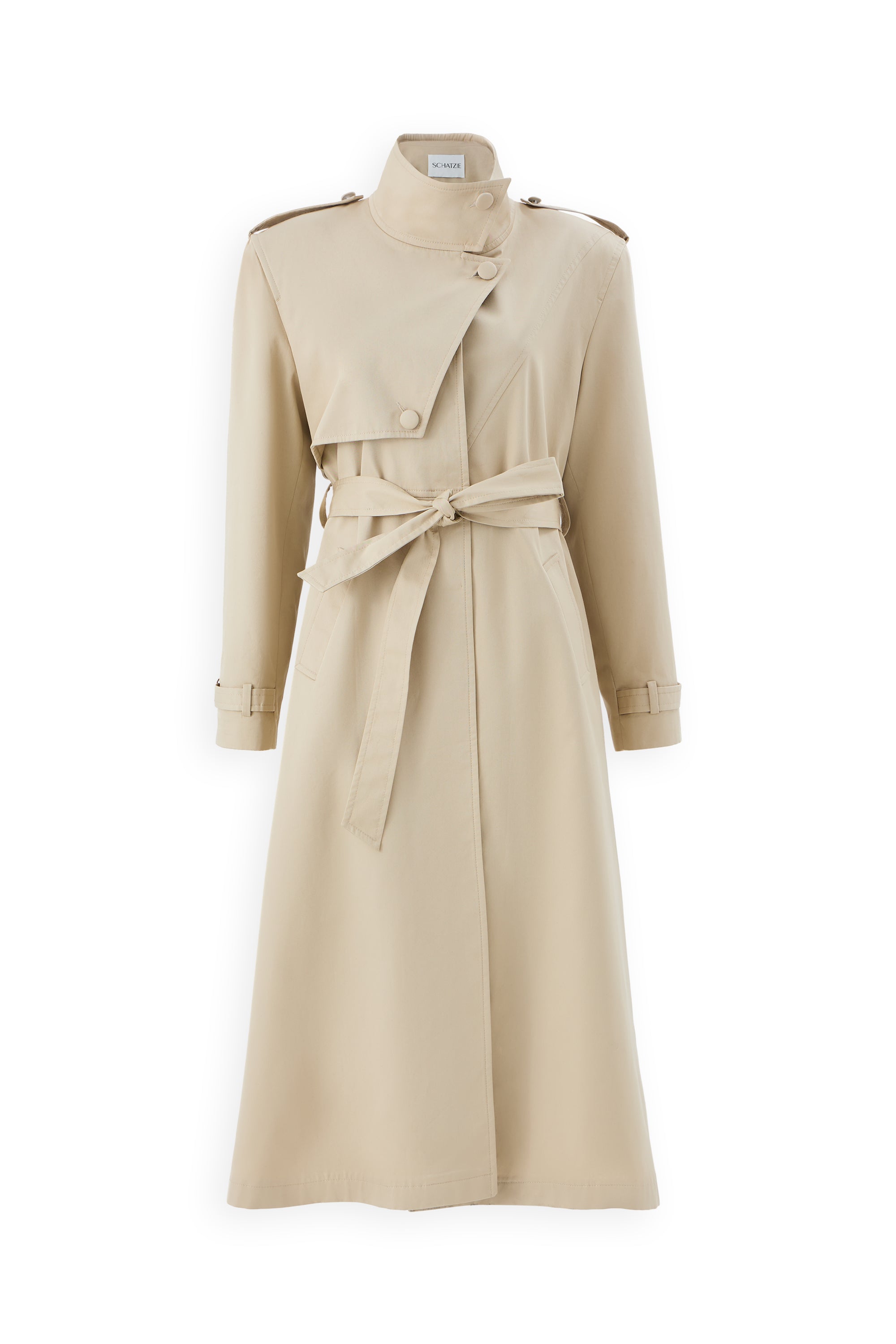 The SABLE COMMAND TRENCHCOAT is a long beige coat with strong shoulders, wide lapels, shoulder epaulettes, a belted waist, and buttoned front, shown against a white background.