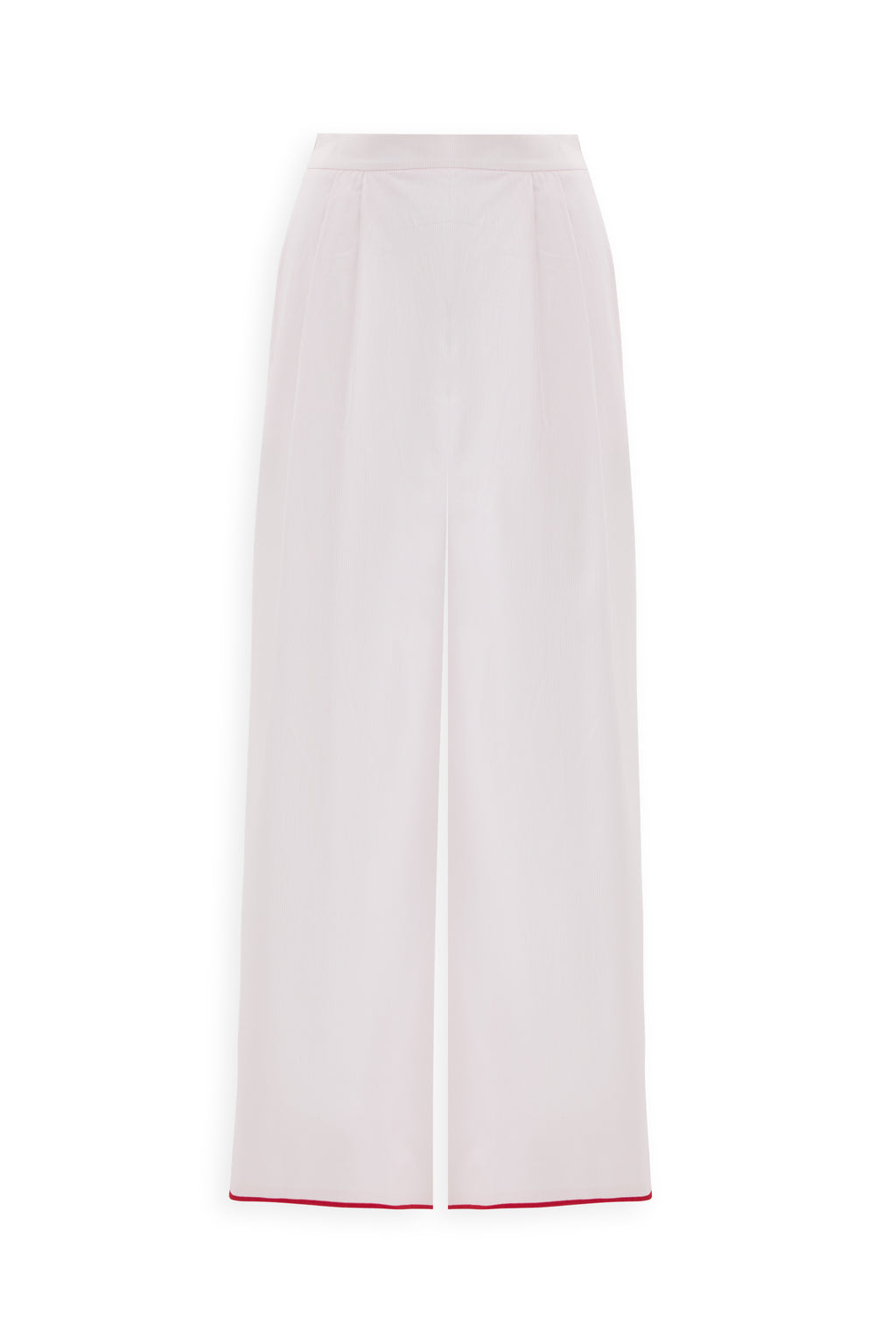 SCARLET PANTS: High-waisted, wide-leg cotton pants with a front seam and a touch of red trim at the hem, shown on a white background.