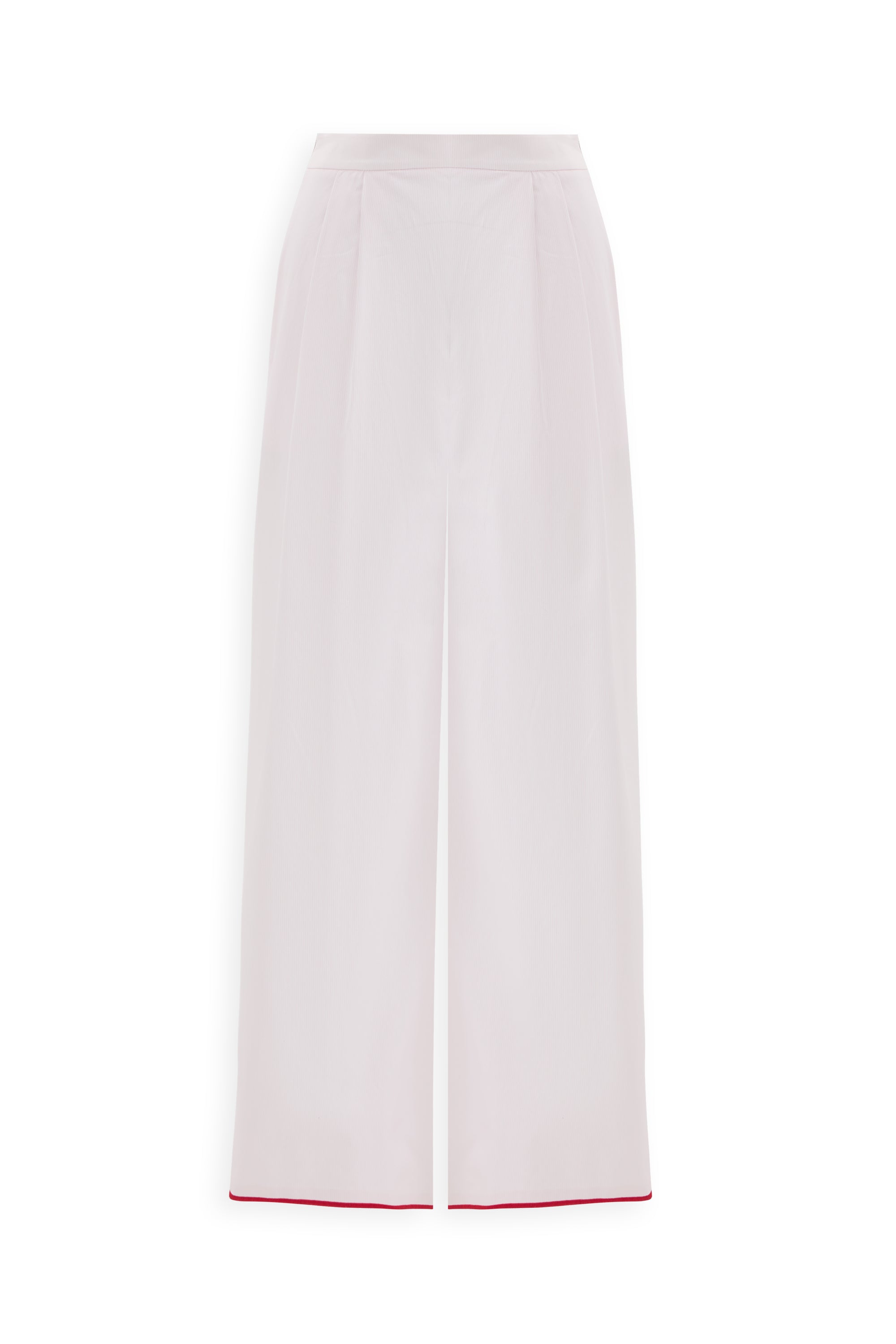 SCARLET PANTS: High-waisted, wide-leg cotton pants with a front seam and a touch of red trim at the hem, shown on a white background.