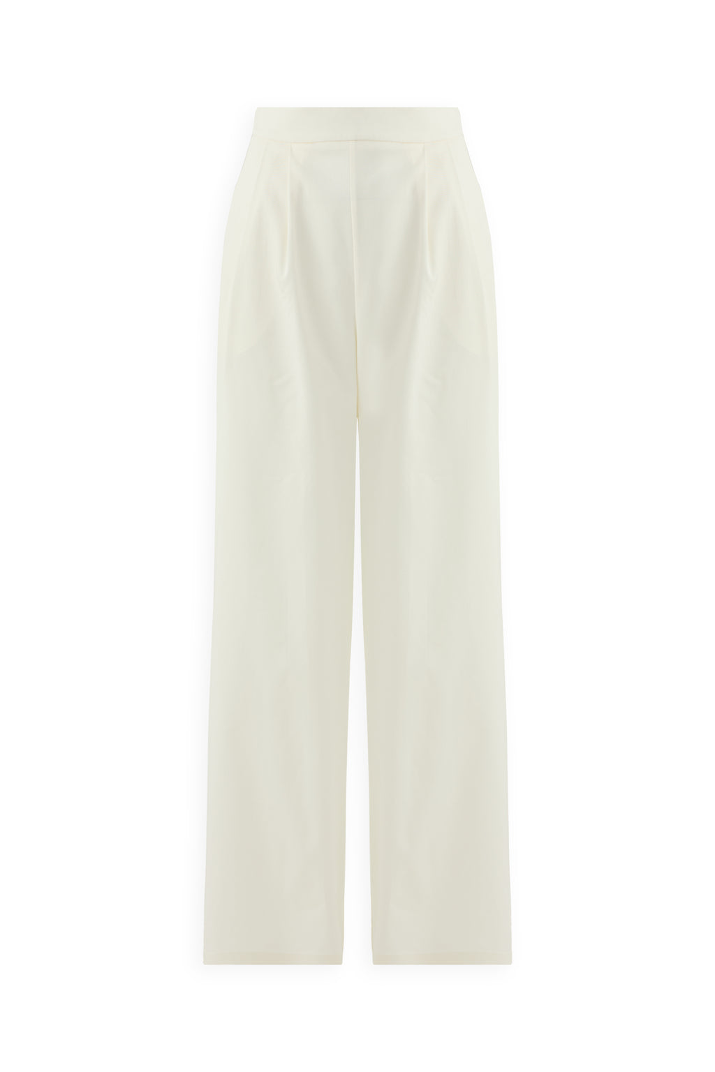 IVORY FLOW PANTS: High-waisted, wide-leg ivory trousers with pleats, side pockets, a tailored fit, and crafted from a soft cotton-tencel blend. Displayed against a plain white background.