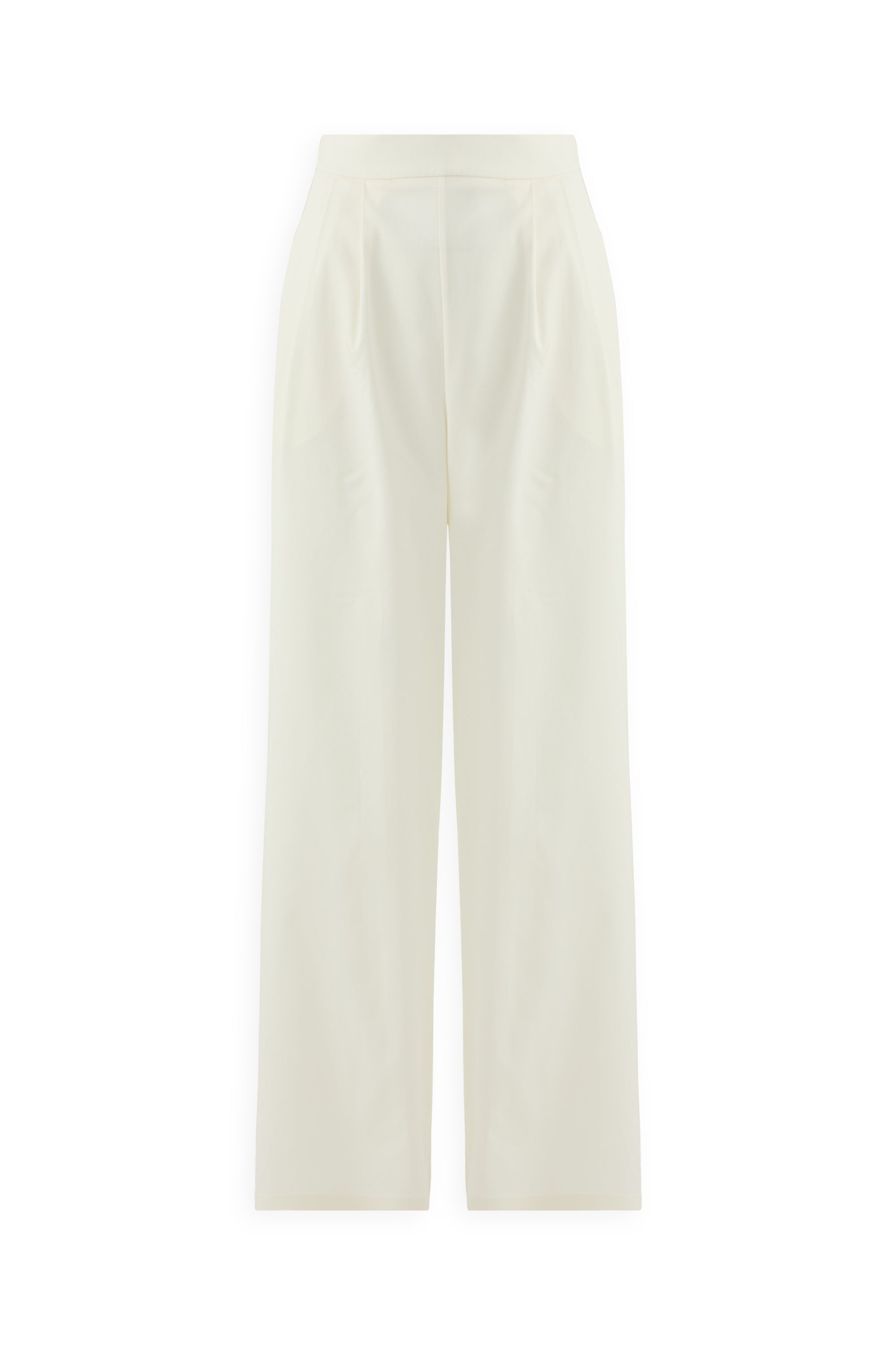 IVORY FLOW PANTS: High-waisted, wide-leg ivory trousers with pleats, side pockets, a tailored fit, and crafted from a soft cotton-tencel blend. Displayed against a plain white background.