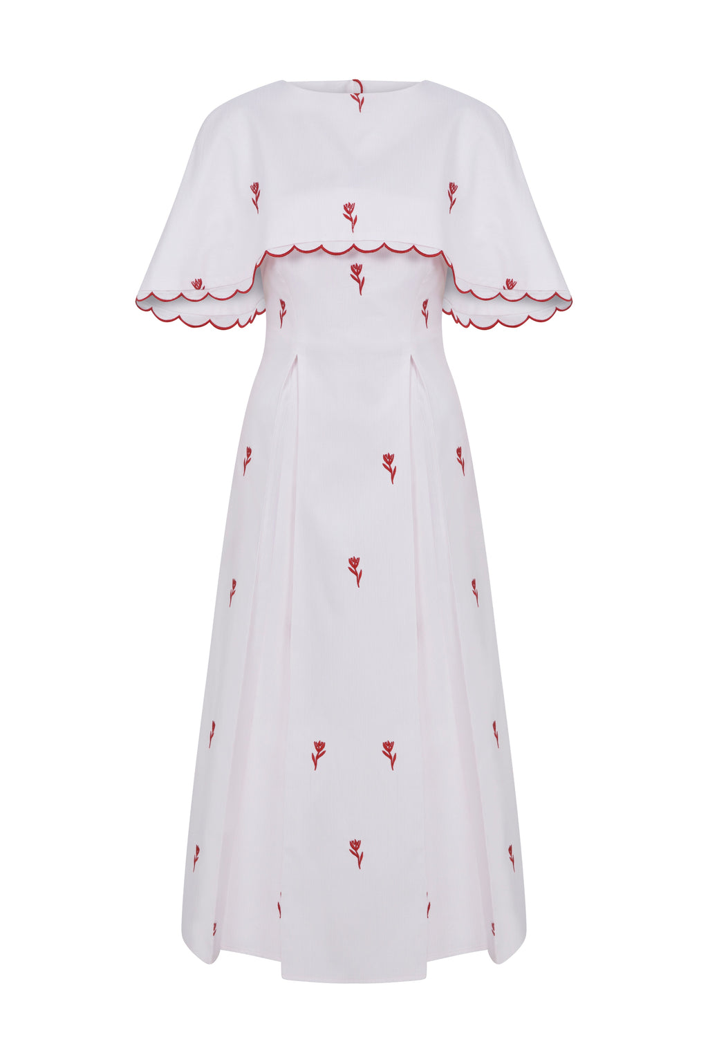 Schatzie SS26 Tulip Cape Dress - Sculptural White Dress with Detachable Cape and Red Tulip Embroidery
