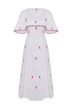 Schatzie SS26 Tulip Cape Dress - Sculptural White Dress with Detachable Cape and Red Tulip Embroidery