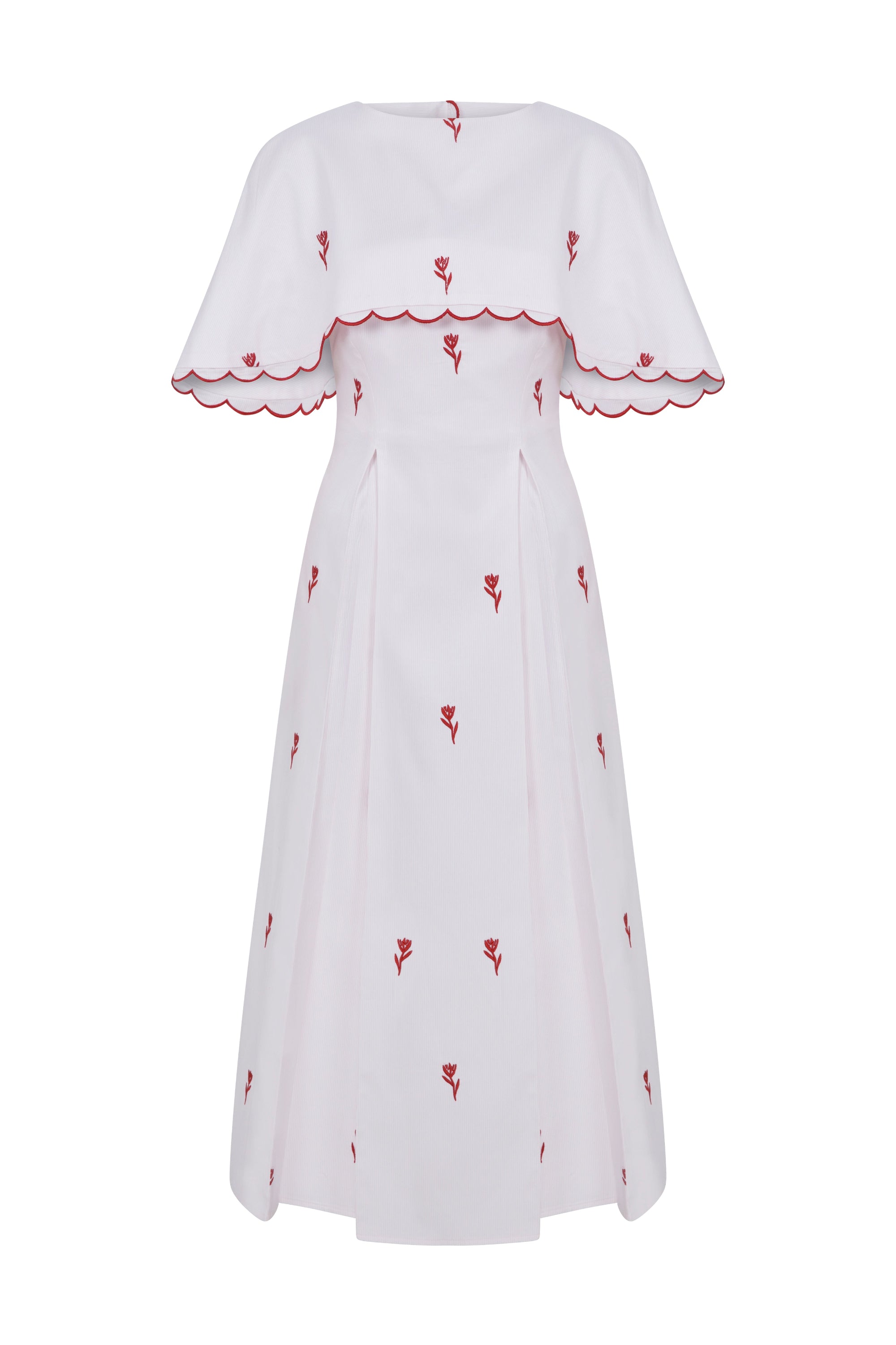 Schatzie SS26 Tulip Cape Dress - Sculptural White Dress with Detachable Cape and Red Tulip Embroidery