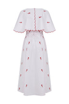 Schatzie SS26 Tulip Cape Dress - Close-up Back Lace-up Detail and Red Artisan Wave Embroidery