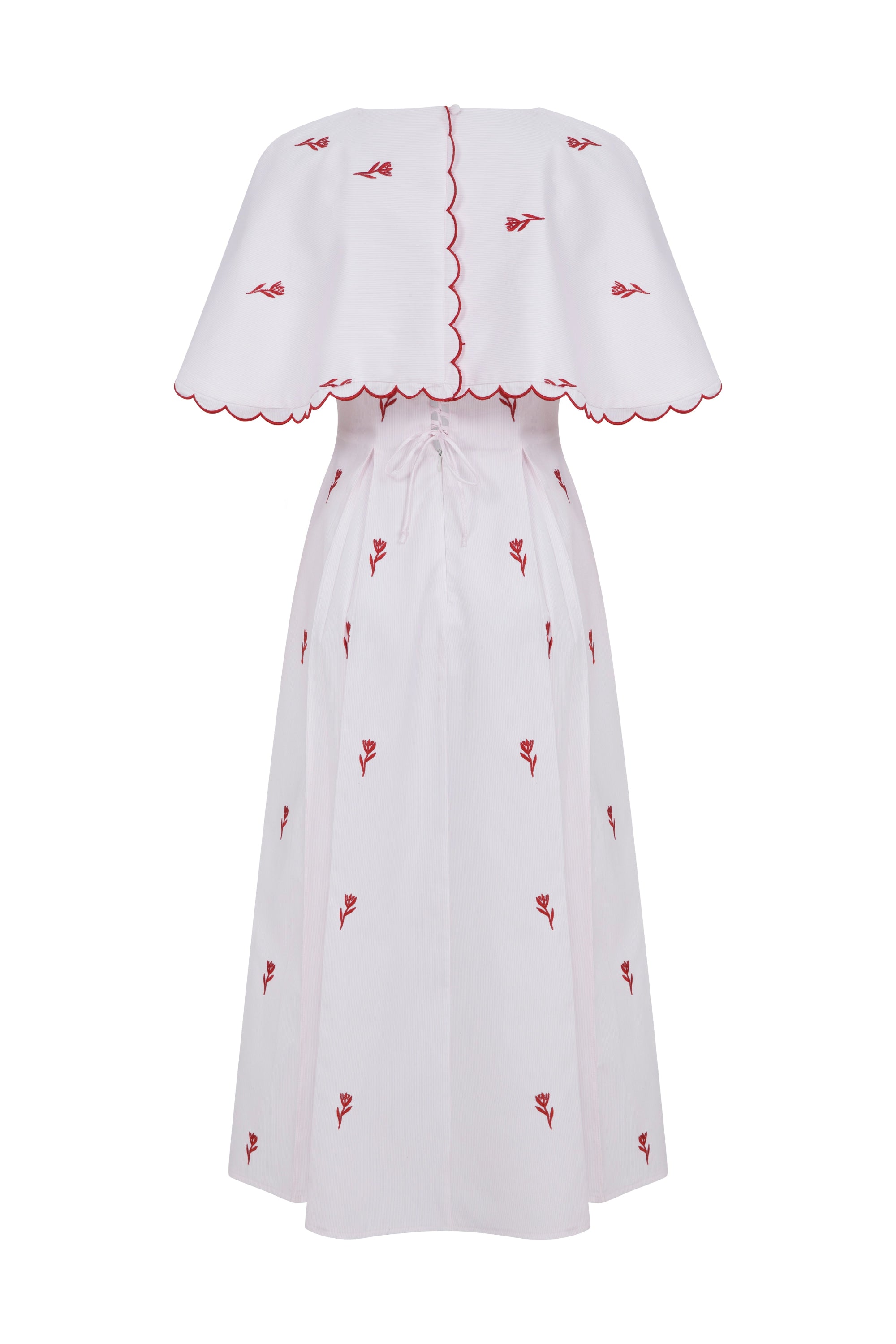 Schatzie SS26 Tulip Cape Dress - Close-up Back Lace-up Detail and Red Artisan Wave Embroidery